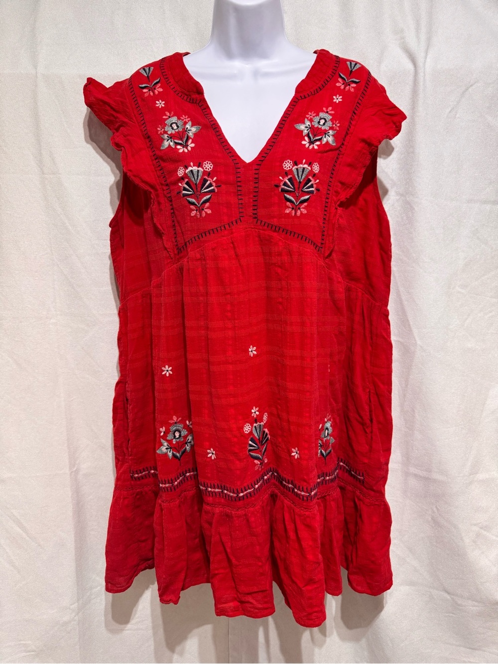 Knox Rose Red Dress Short Sleeve V-Neck Pockets Tiered Embroidered SZ XXL Boho